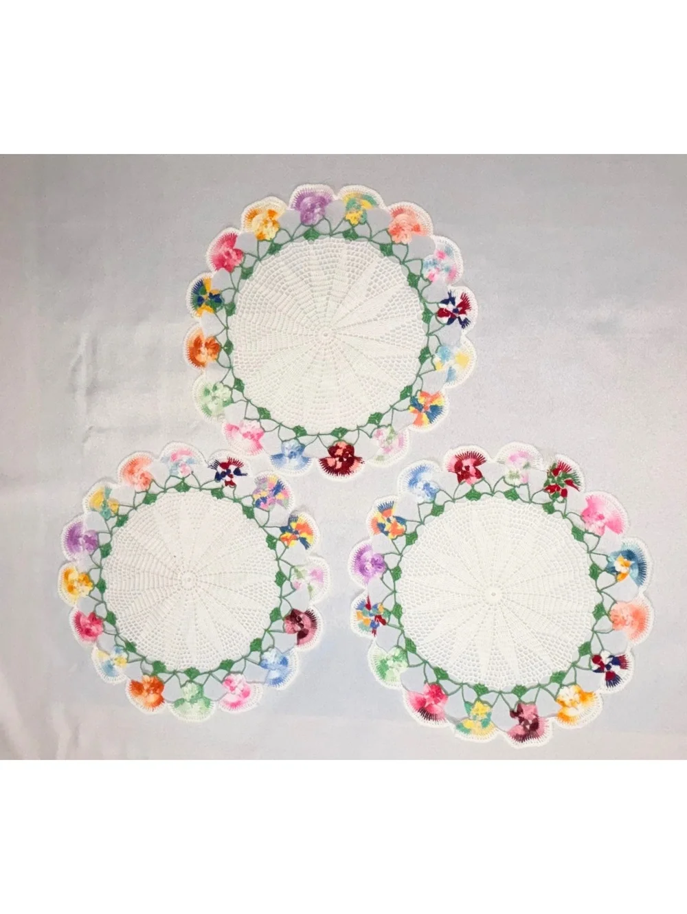 Vintage Handmade Crochet Pansy Doilies Set of 3, 3D Flower Border Lace Placemats